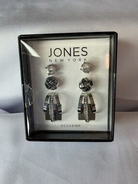 Jones New York 3 Pair Earring Set Silver Tone Rhinestone Stud Hoop